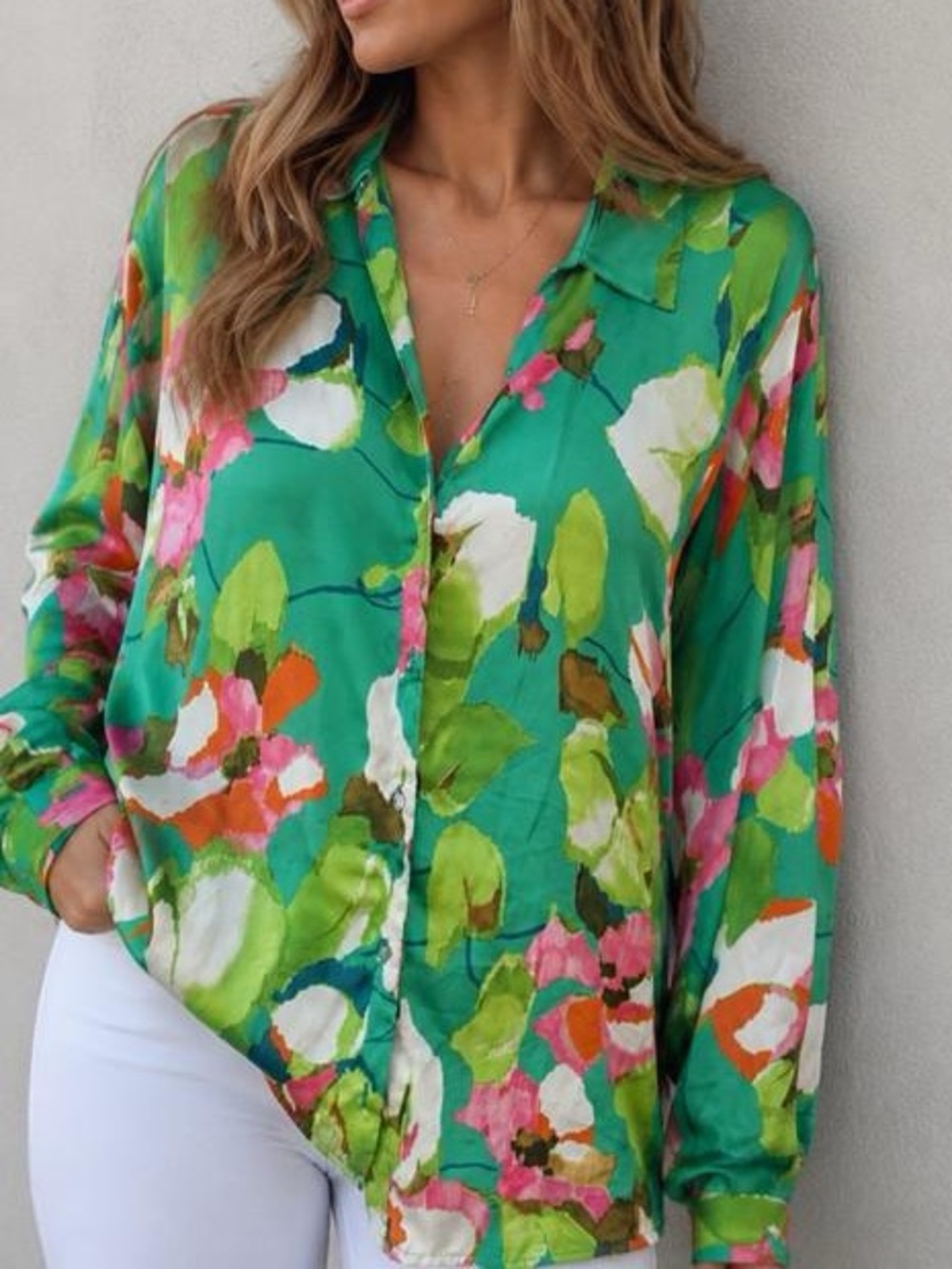 Zara Tropical Floral Satin Button Front Blouse Green Pink Size M